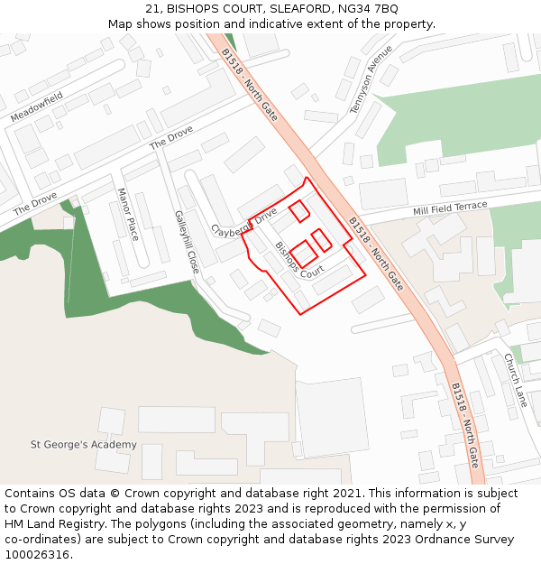 21, BISHOPS COURT, SLEAFORD, NG34 7BQ: Location map and indicative extent of plot