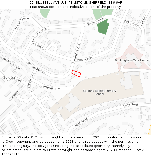 21, BLUEBELL AVENUE, PENISTONE, SHEFFIELD, S36 6AF: Location map and indicative extent of plot