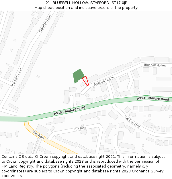 21, BLUEBELL HOLLOW, STAFFORD, ST17 0JP: Location map and indicative extent of plot