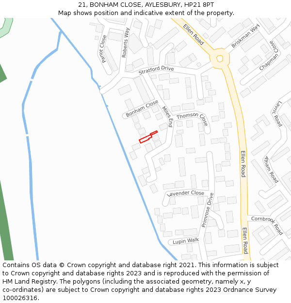 21, BONHAM CLOSE, AYLESBURY, HP21 8PT: Location map and indicative extent of plot