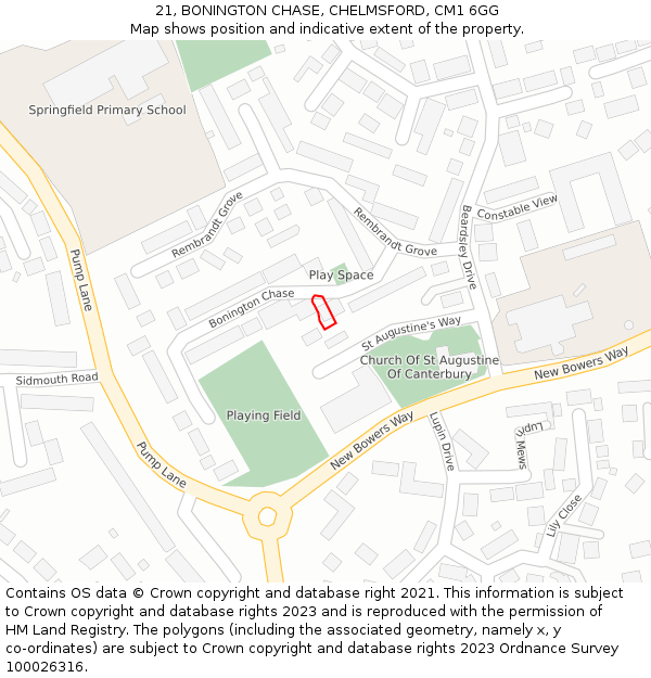 21, BONINGTON CHASE, CHELMSFORD, CM1 6GG: Location map and indicative extent of plot