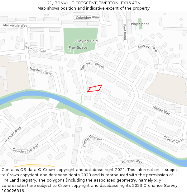 21, BONVILLE CRESCENT, TIVERTON, EX16 4BN: Location map and indicative extent of plot