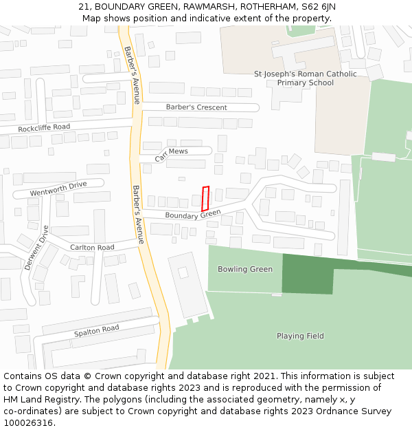 21, BOUNDARY GREEN, RAWMARSH, ROTHERHAM, S62 6JN: Location map and indicative extent of plot