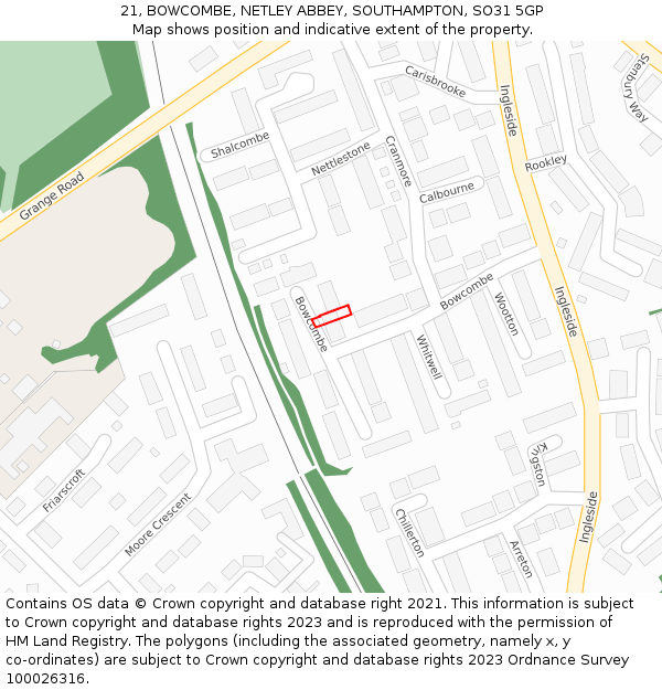 21, BOWCOMBE, NETLEY ABBEY, SOUTHAMPTON, SO31 5GP: Location map and indicative extent of plot