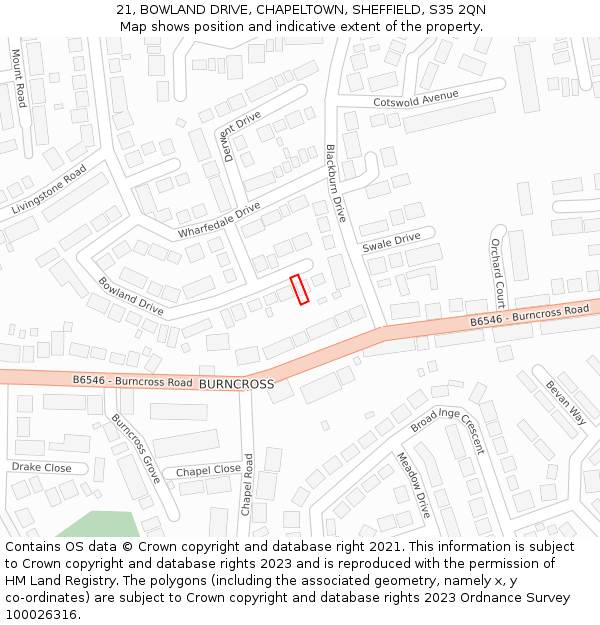 21, BOWLAND DRIVE, CHAPELTOWN, SHEFFIELD, S35 2QN: Location map and indicative extent of plot