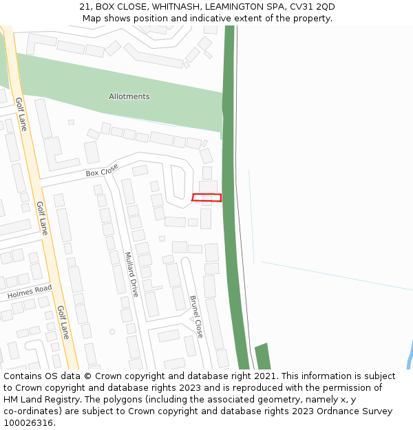 21, BOX CLOSE, WHITNASH, LEAMINGTON SPA, CV31 2QD: Location map and indicative extent of plot