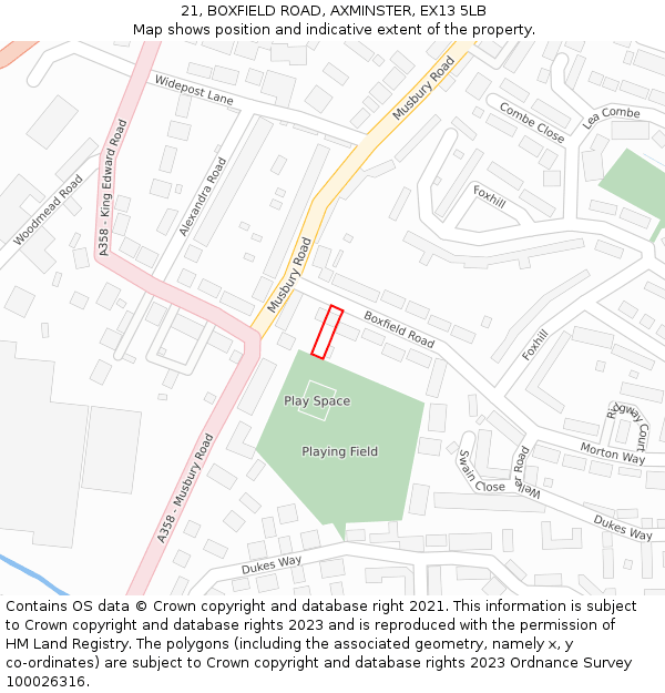 21, BOXFIELD ROAD, AXMINSTER, EX13 5LB: Location map and indicative extent of plot