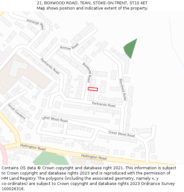 21, BOXWOOD ROAD, TEAN, STOKE-ON-TRENT, ST10 4ET: Location map and indicative extent of plot