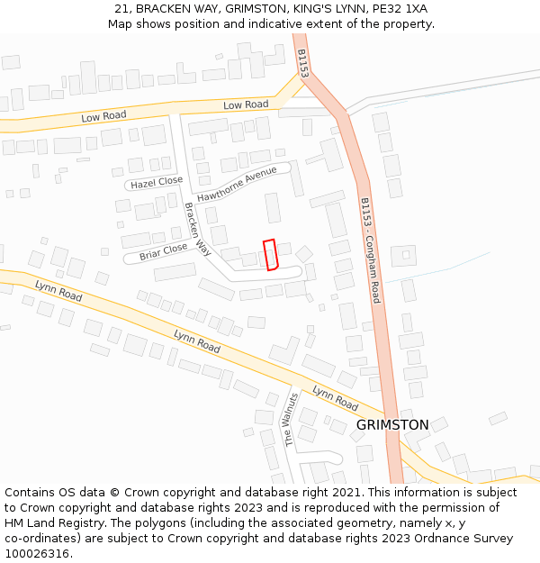 21, BRACKEN WAY, GRIMSTON, KING'S LYNN, PE32 1XA: Location map and indicative extent of plot