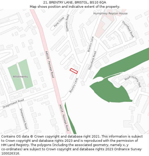 21, BRENTRY LANE, BRISTOL, BS10 6QA: Location map and indicative extent of plot