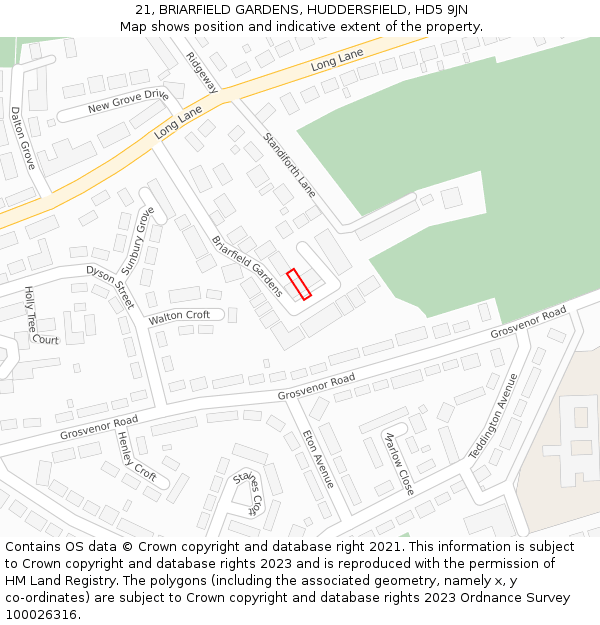 21, BRIARFIELD GARDENS, HUDDERSFIELD, HD5 9JN: Location map and indicative extent of plot