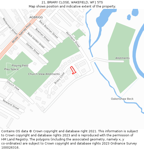 21, BRIARY CLOSE, WAKEFIELD, WF1 5TS: Location map and indicative extent of plot
