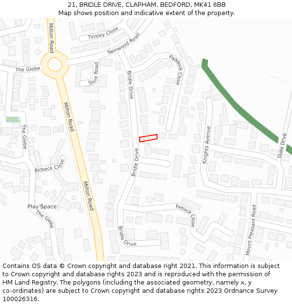 21, BRIDLE DRIVE, CLAPHAM, BEDFORD, MK41 6BB: Location map and indicative extent of plot