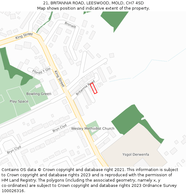 21, BRITANNIA ROAD, LEESWOOD, MOLD, CH7 4SD: Location map and indicative extent of plot