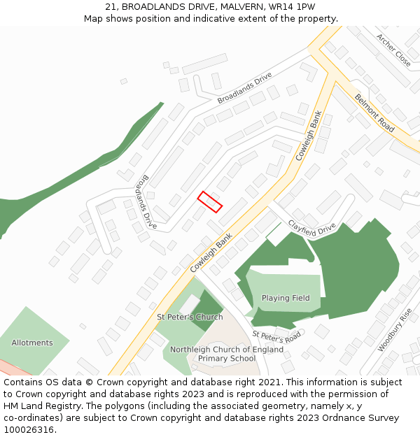 21, BROADLANDS DRIVE, MALVERN, WR14 1PW: Location map and indicative extent of plot