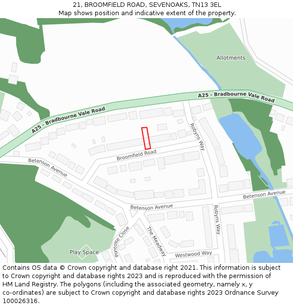 21, BROOMFIELD ROAD, SEVENOAKS, TN13 3EL: Location map and indicative extent of plot