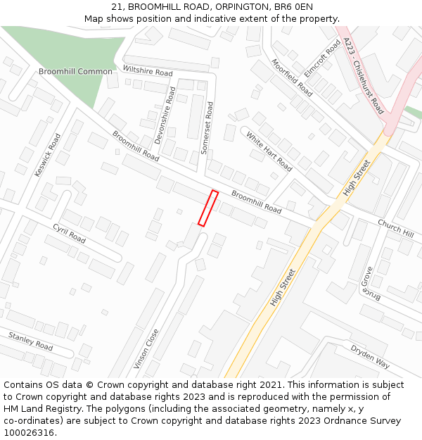 21, BROOMHILL ROAD, ORPINGTON, BR6 0EN: Location map and indicative extent of plot