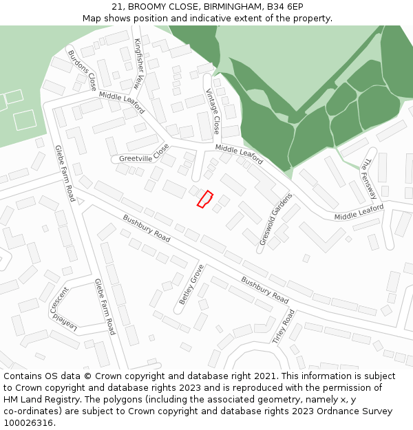 21, BROOMY CLOSE, BIRMINGHAM, B34 6EP: Location map and indicative extent of plot