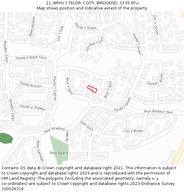 21, BRYN Y TELOR, COITY, BRIDGEND, CF35 6FU: Location map and indicative extent of plot