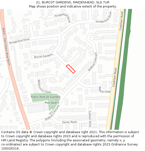 21, BURCOT GARDENS, MAIDENHEAD, SL6 7UR: Location map and indicative extent of plot