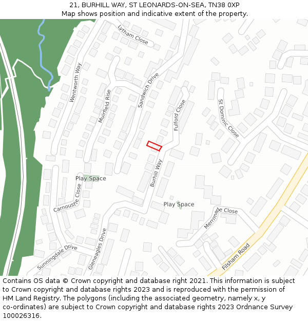 21, BURHILL WAY, ST LEONARDS-ON-SEA, TN38 0XP: Location map and indicative extent of plot