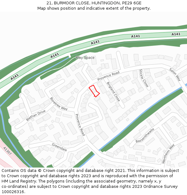 21, BURMOOR CLOSE, HUNTINGDON, PE29 6GE: Location map and indicative extent of plot