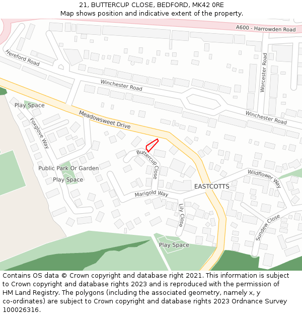 21, BUTTERCUP CLOSE, BEDFORD, MK42 0RE: Location map and indicative extent of plot