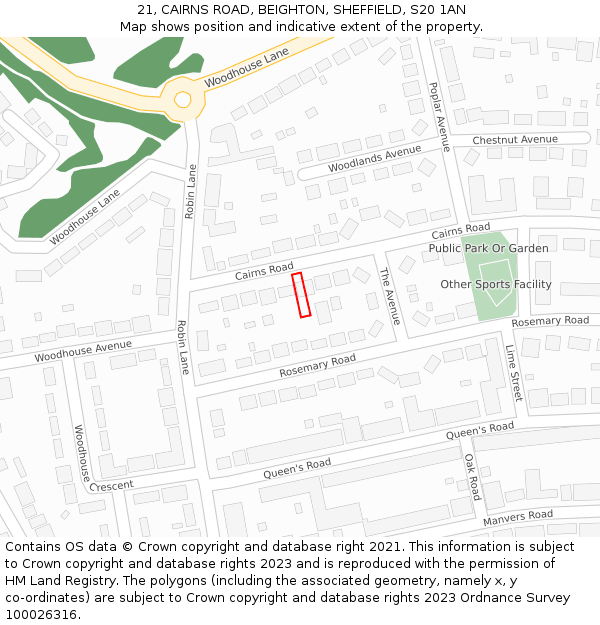 21, CAIRNS ROAD, BEIGHTON, SHEFFIELD, S20 1AN: Location map and indicative extent of plot