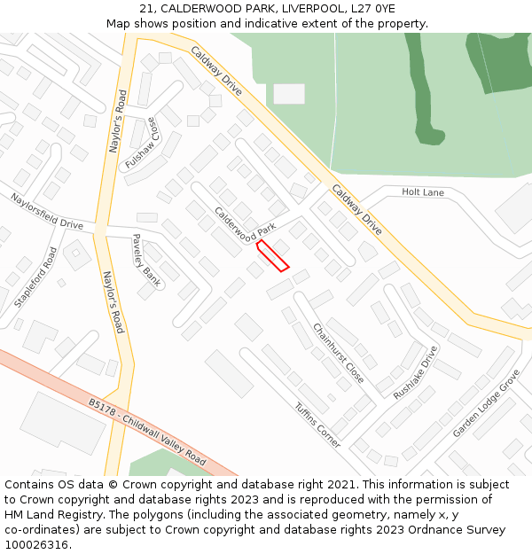 21, CALDERWOOD PARK, LIVERPOOL, L27 0YE: Location map and indicative extent of plot