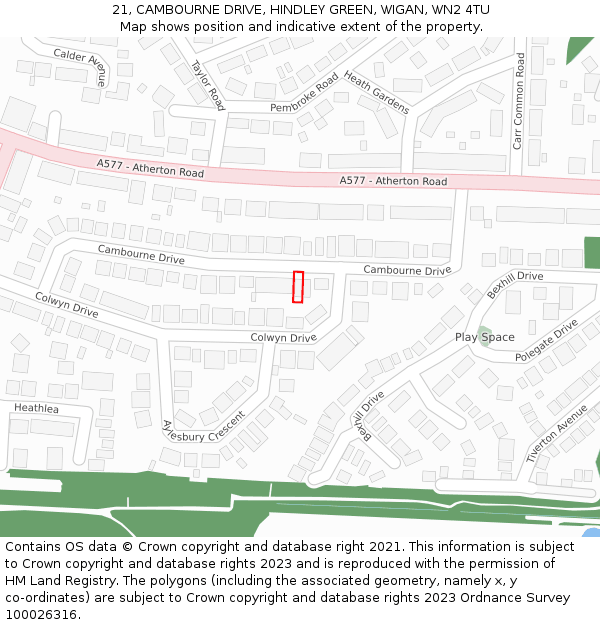 21, CAMBOURNE DRIVE, HINDLEY GREEN, WIGAN, WN2 4TU: Location map and indicative extent of plot