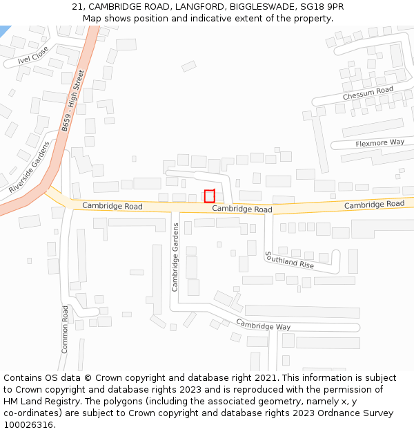 21, CAMBRIDGE ROAD, LANGFORD, BIGGLESWADE, SG18 9PR: Location map and indicative extent of plot