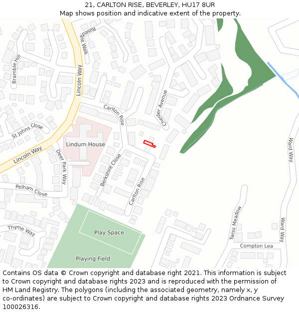 21, CARLTON RISE, BEVERLEY, HU17 8UR: Location map and indicative extent of plot