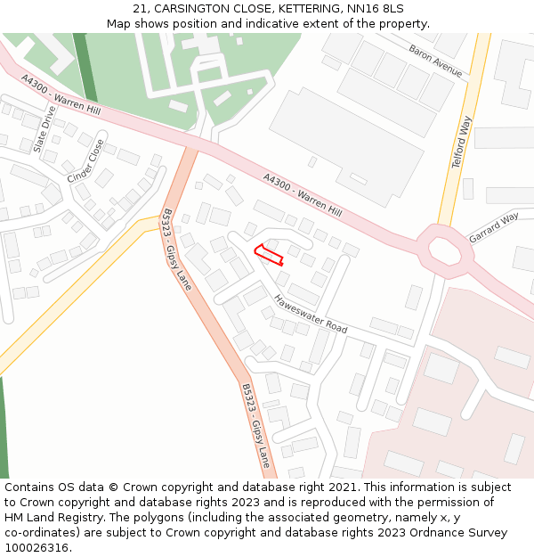 21, CARSINGTON CLOSE, KETTERING, NN16 8LS: Location map and indicative extent of plot