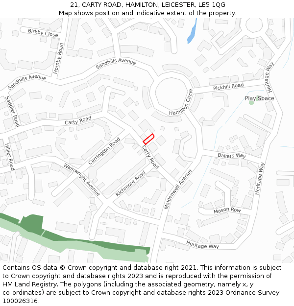21, CARTY ROAD, HAMILTON, LEICESTER, LE5 1QG: Location map and indicative extent of plot