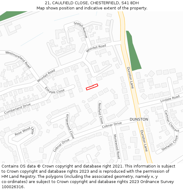 21, CAULFIELD CLOSE, CHESTERFIELD, S41 8DH: Location map and indicative extent of plot