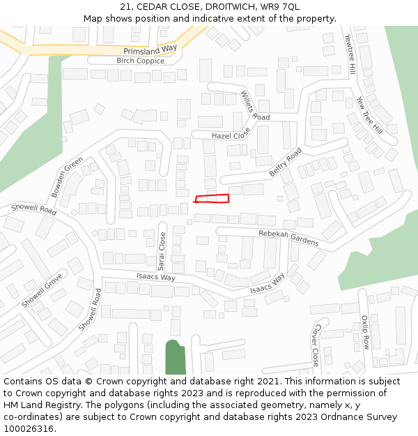 21, CEDAR CLOSE, DROITWICH, WR9 7QL: Location map and indicative extent of plot