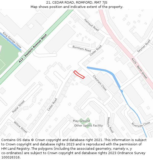 21, CEDAR ROAD, ROMFORD, RM7 7JS: Location map and indicative extent of plot