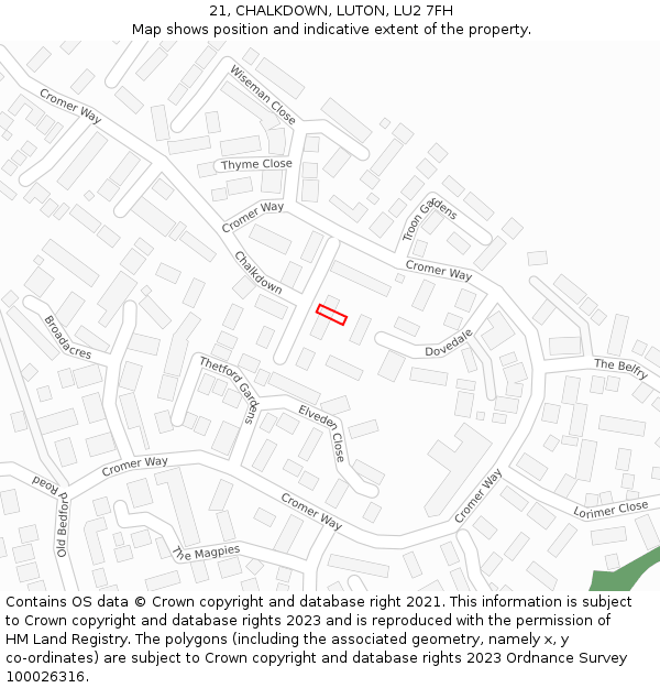 21, CHALKDOWN, LUTON, LU2 7FH: Location map and indicative extent of plot