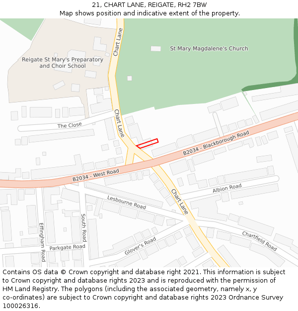 21, CHART LANE, REIGATE, RH2 7BW: Location map and indicative extent of plot