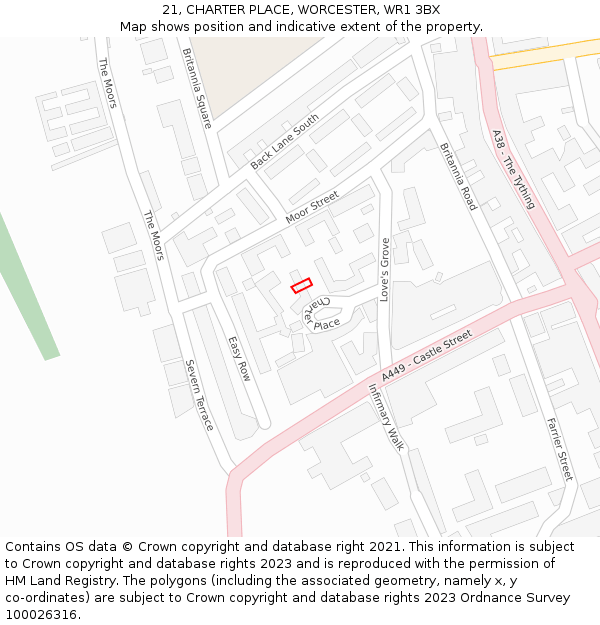 21, CHARTER PLACE, WORCESTER, WR1 3BX: Location map and indicative extent of plot