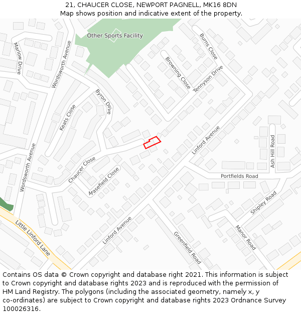 21, CHAUCER CLOSE, NEWPORT PAGNELL, MK16 8DN: Location map and indicative extent of plot