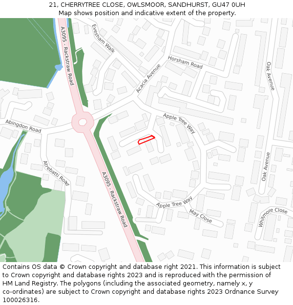 21, CHERRYTREE CLOSE, OWLSMOOR, SANDHURST, GU47 0UH: Location map and indicative extent of plot