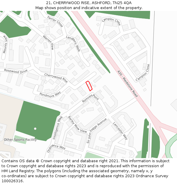 21, CHERRYWOOD RISE, ASHFORD, TN25 4QA: Location map and indicative extent of plot