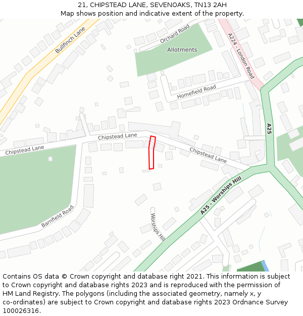 21, CHIPSTEAD LANE, SEVENOAKS, TN13 2AH: Location map and indicative extent of plot