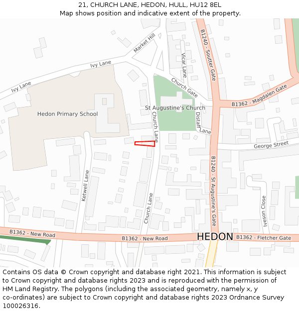 21, CHURCH LANE, HEDON, HULL, HU12 8EL: Location map and indicative extent of plot