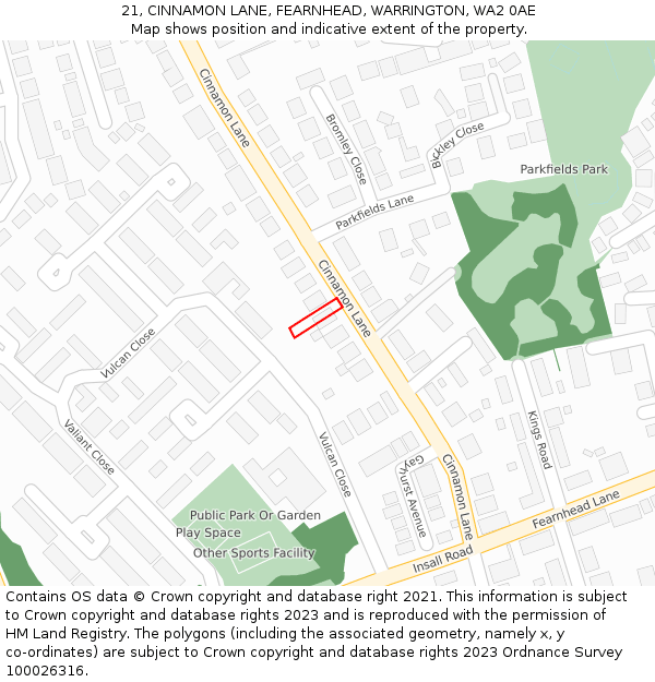 21, CINNAMON LANE, FEARNHEAD, WARRINGTON, WA2 0AE: Location map and indicative extent of plot