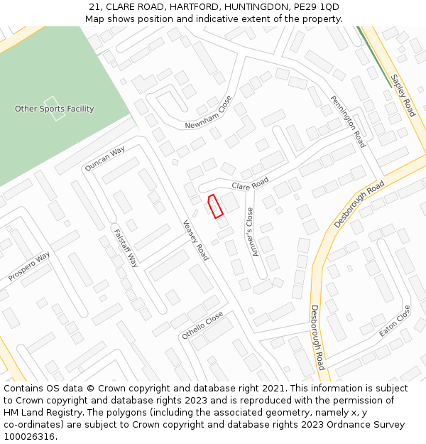 21, CLARE ROAD, HARTFORD, HUNTINGDON, PE29 1QD: Location map and indicative extent of plot