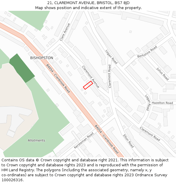 21, CLAREMONT AVENUE, BRISTOL, BS7 8JD: Location map and indicative extent of plot
