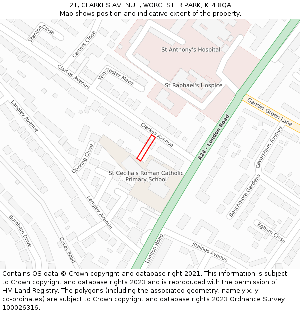 21, CLARKES AVENUE, WORCESTER PARK, KT4 8QA: Location map and indicative extent of plot