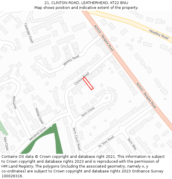 21, CLINTON ROAD, LEATHERHEAD, KT22 8NU: Location map and indicative extent of plot